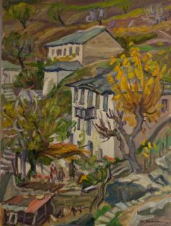 Makrinitsa, Village Houses, No Sky — Oil painting, Canvas, 46.00×61.00cm — Theodoros Markellos